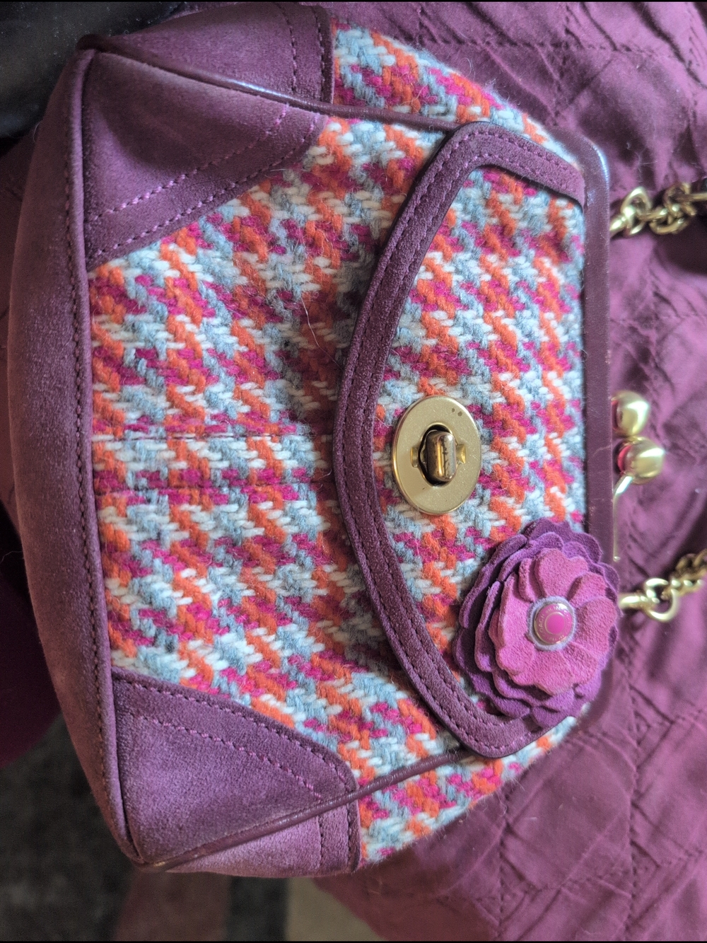 Coach Multicolor Houndstooth Tweed Satchel with Purple Trim - Picture 4 of 11